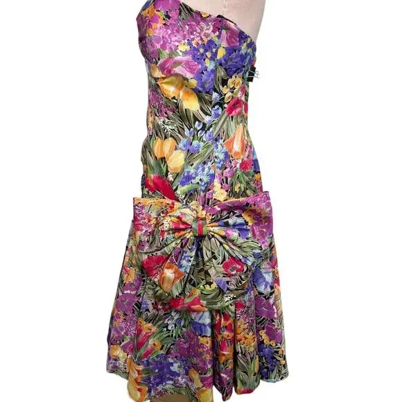 Victor Costa vintage 80s floral drop bow waist strapless party dress size 2 XS - Picture 3 of 8